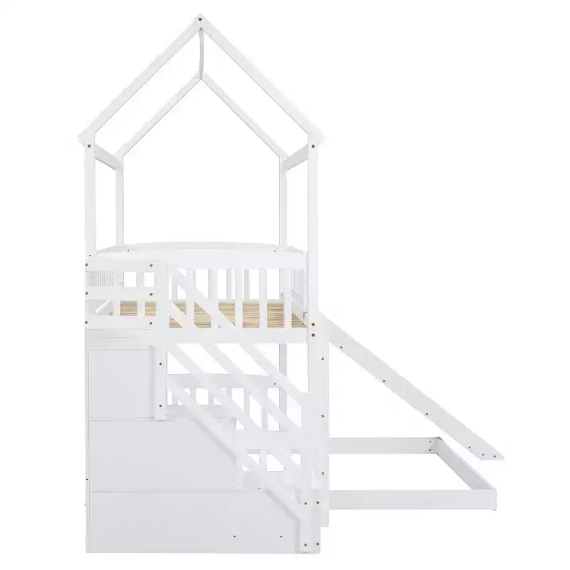Lit superposé en L Luxystar avec escaliers de rangement et toboggan pour chambre d'enfant