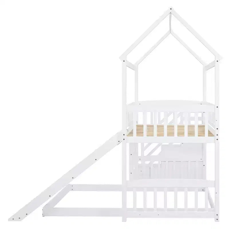 Lit superposé en L Luxystar avec escaliers de rangement et toboggan pour chambre d'enfant