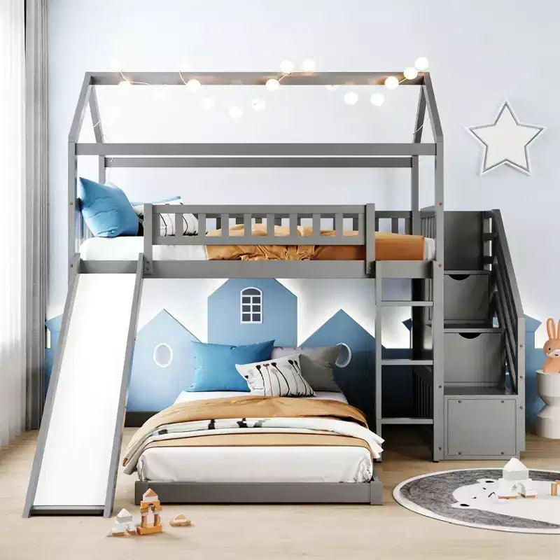 Lit superposé en L Luxystar avec escaliers de rangement et toboggan pour chambre d'enfant