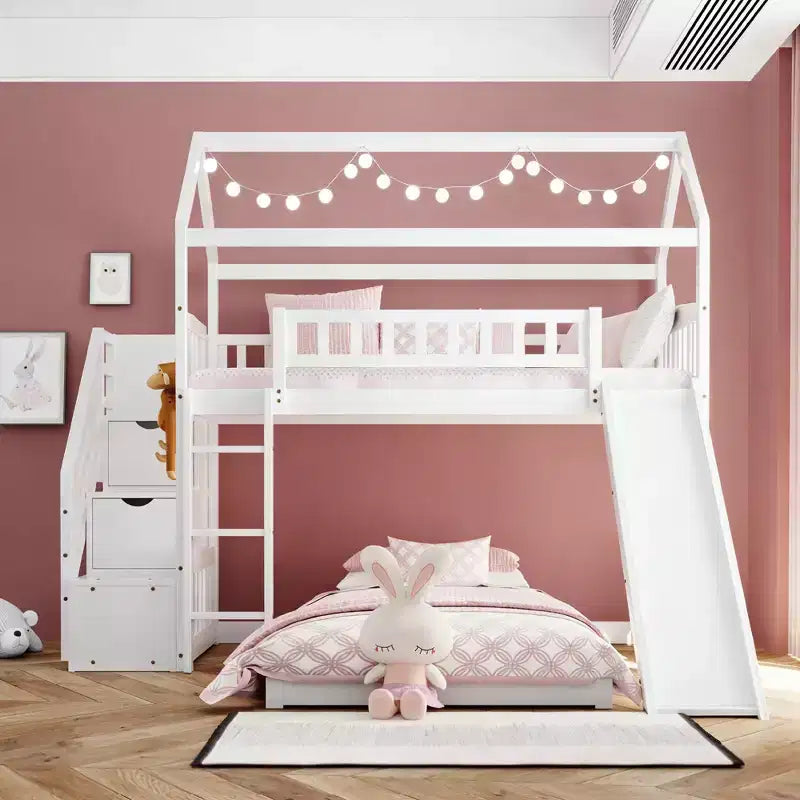 Lit superposé en L Luxystar avec escaliers de rangement et toboggan pour chambre d'enfant