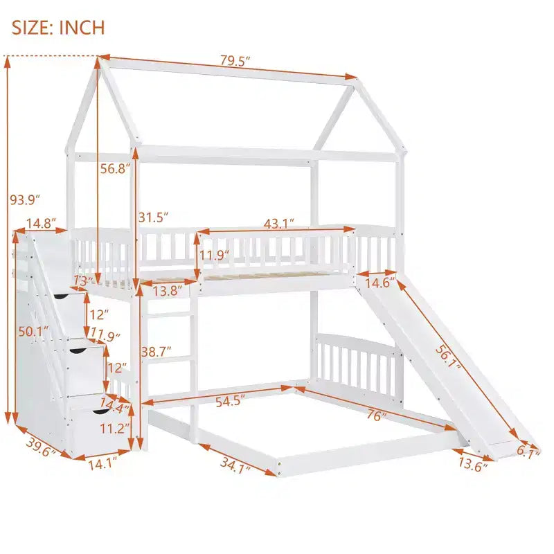 Lit superposé en L Luxystar avec escaliers de rangement et toboggan pour chambre d'enfant
