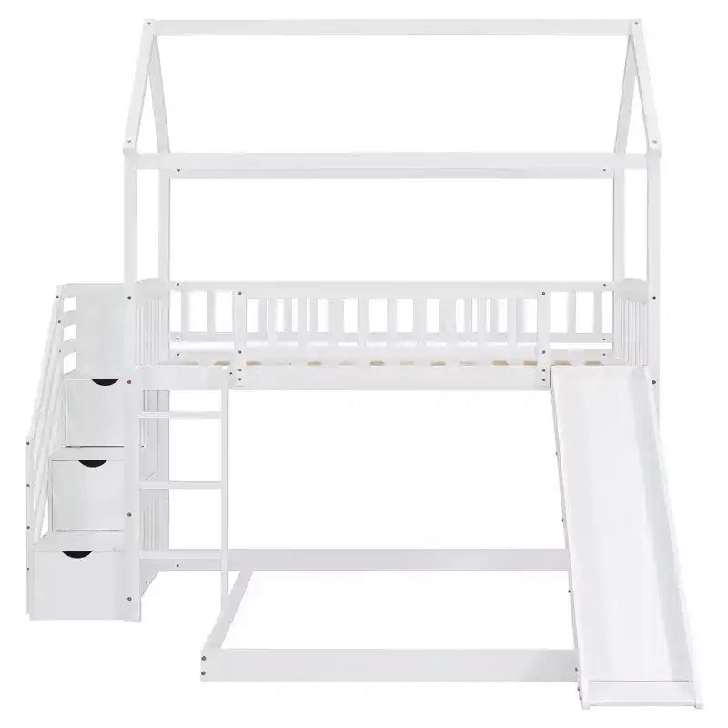 Lit superposé en L Luxystar avec escaliers de rangement et toboggan pour chambre d'enfant