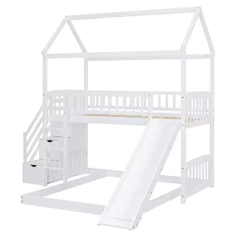 Lit superposé en L Luxystar avec escaliers de rangement et toboggan pour chambre d'enfant