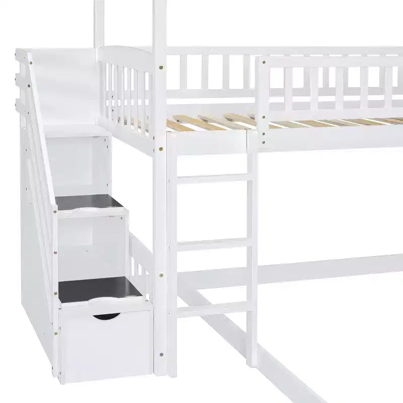Lit superposé en L Luxystar avec escaliers de rangement et toboggan pour chambre d'enfant