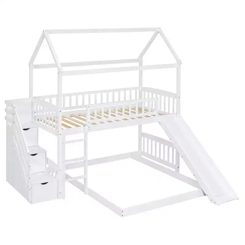 Lit superposé en L Luxystar avec escaliers de rangement et toboggan pour chambre d'enfant