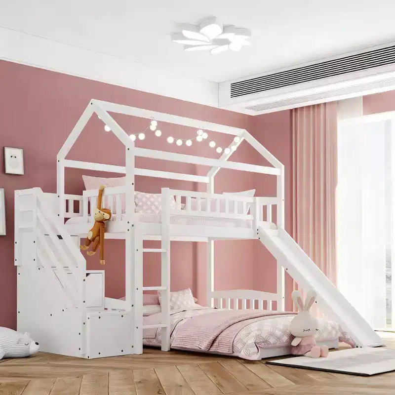 Lit superposé en L Luxystar avec escaliers de rangement et toboggan pour chambre d'enfant