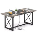 Costway 1/2 PCS 6FT Conference Table with Power Outlets, Thickened Top & Heavy-duty Metal Frame Rustic Oak + Black/Gray Oak