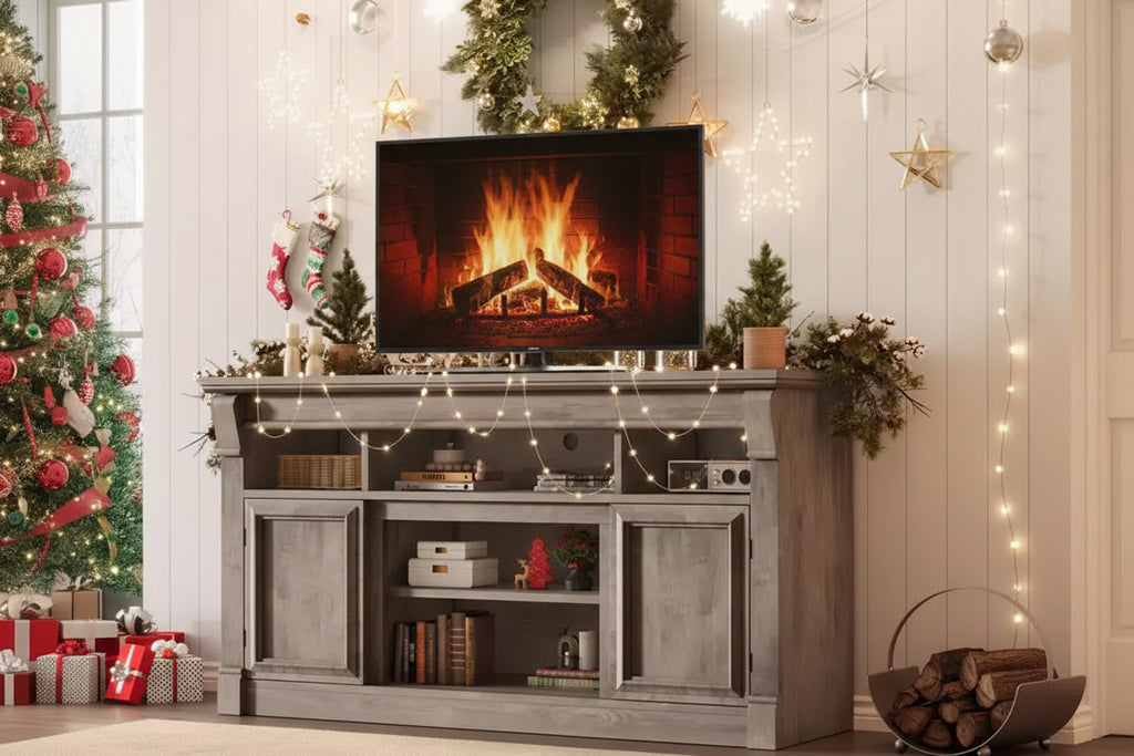 COZONY Farmhouse TV Stand for TVs up to 65, Entertainment Center with Adjustable Shelves, Storage Cabinets & Open Shelf for Living Room