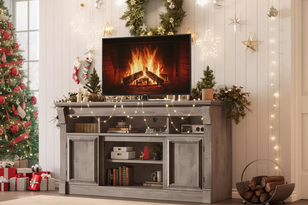 COZONY Farmhouse TV Stand for TVs up to 65, Entertainment Center with Adjustable Shelves, Storage Cabinets & Open Shelf for Living Room