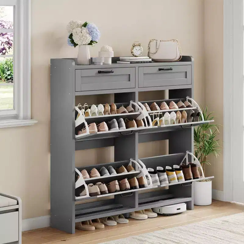 Meuble à chaussures avec 4 tiroirs basculants et 2 tiroirs supérieurs, Armoire à chaussures autoportante, Rangement de chaussures dissimulé, pour le salon