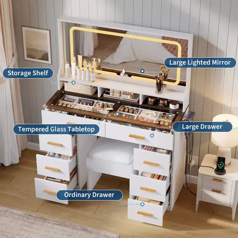 GustoWave Coiffeuse Moderne avec Miroir, 8 Tiroirs 3 Étagères, Table de Maquillage en Verre pour Chambre, Blanc Rustique