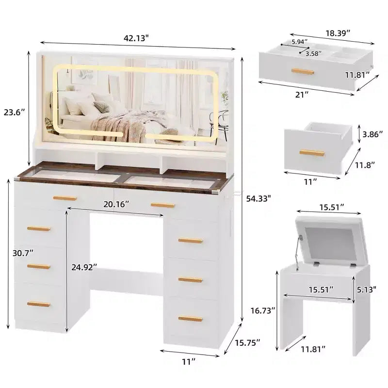 GustoWave Coiffeuse Moderne avec Miroir, 8 Tiroirs 3 Étagères, Table de Maquillage en Verre pour Chambre, Blanc Rustique