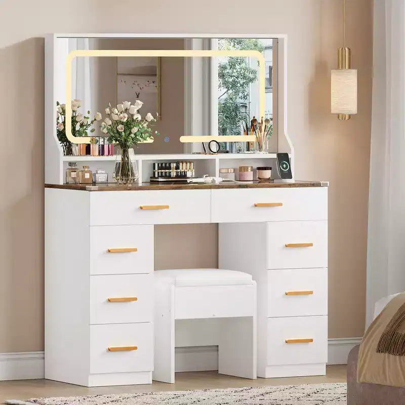 GustoWave Coiffeuse Moderne avec Miroir, 8 Tiroirs 3 Étagères, Table de Maquillage en Verre pour Chambre, Blanc Rustique