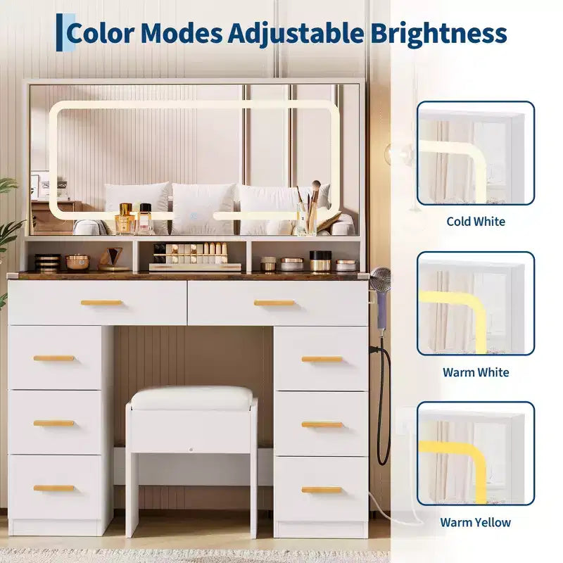 GustoWave Coiffeuse Moderne avec Miroir, 8 Tiroirs 3 Étagères, Table de Maquillage en Verre pour Chambre, Blanc Rustique