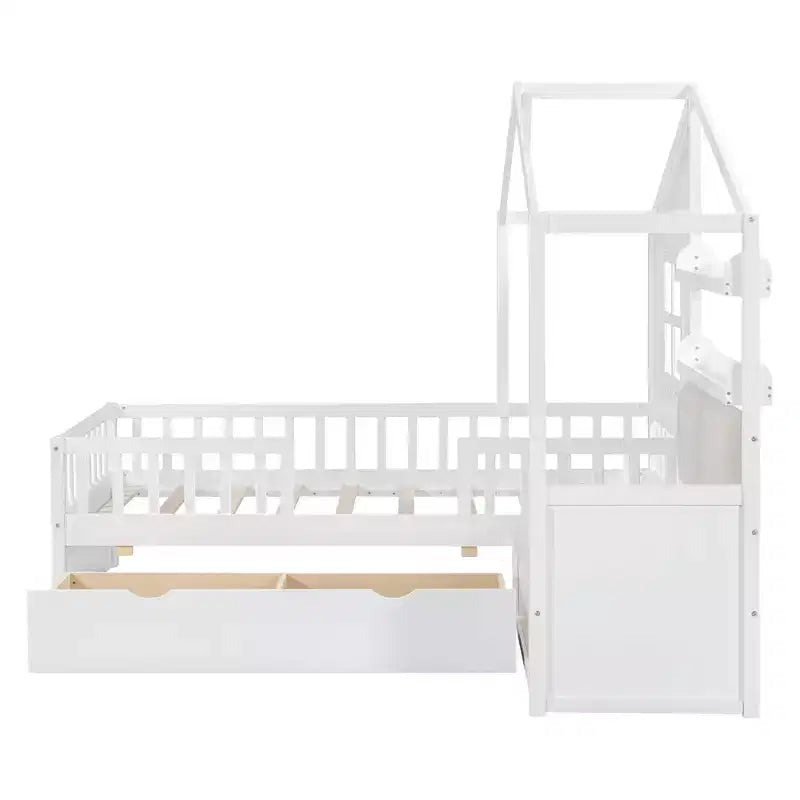 Lit plateforme Luxystar Twin House avec canapé, 2 tiroirs et étagères de rangement