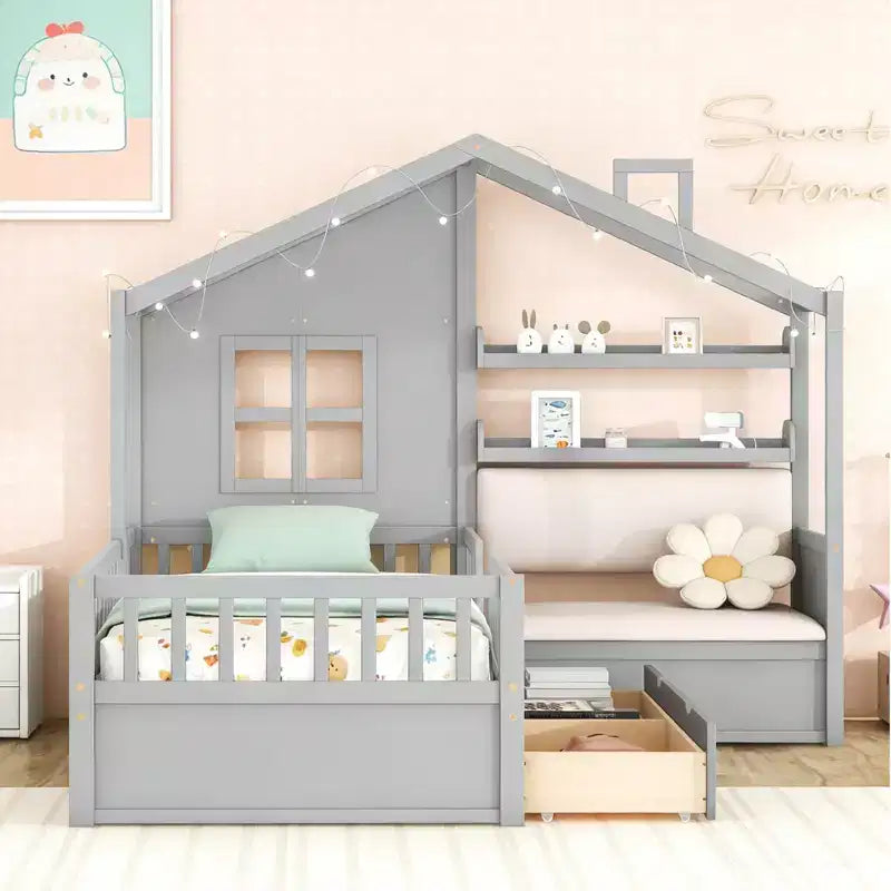 Lit plateforme Luxystar Twin House avec canapé, 2 tiroirs et étagères de rangement