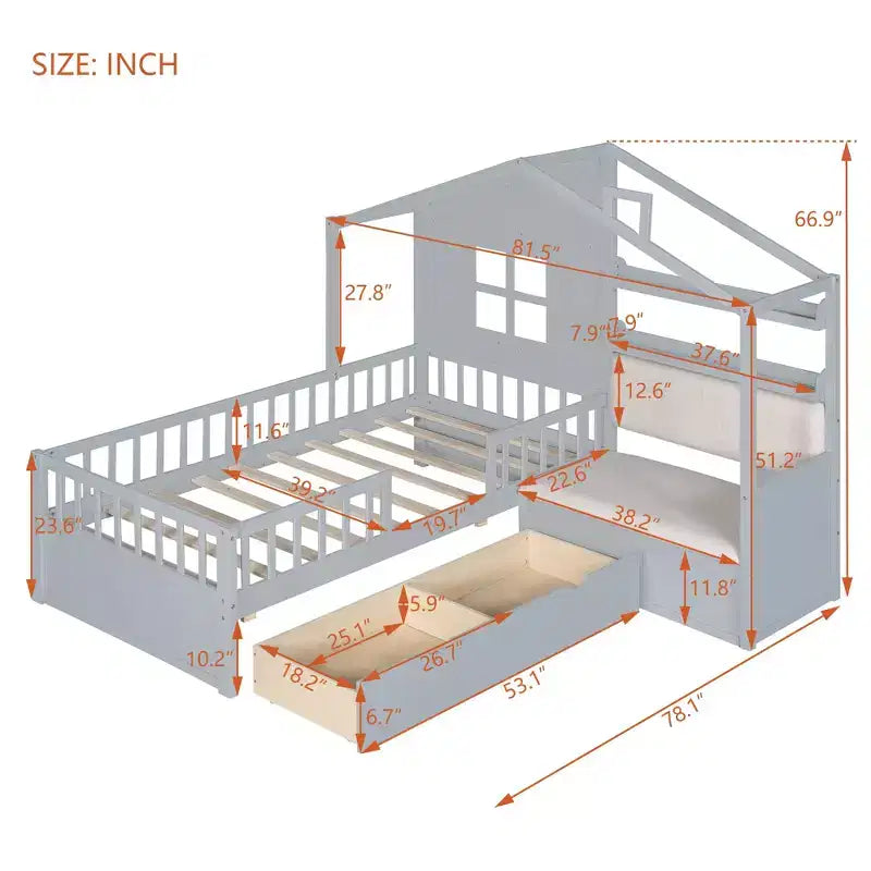 Lit plateforme Luxystar Twin House avec canapé, 2 tiroirs et étagères de rangement
