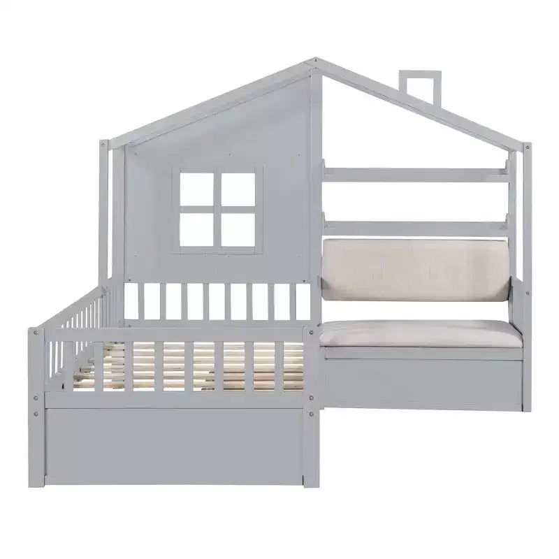 Lit plateforme Luxystar Twin House avec canapé, 2 tiroirs et étagères de rangement
