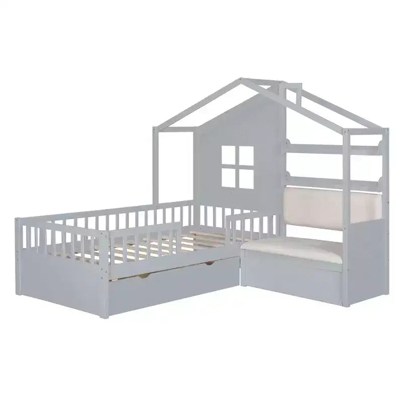Lit plateforme Luxystar Twin House avec canapé, 2 tiroirs et étagères de rangement