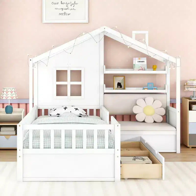 Lit plateforme Luxystar Twin House avec canapé, 2 tiroirs et étagères de rangement