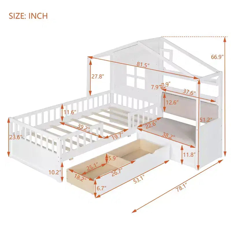 Lit plateforme Luxystar Twin House avec canapé, 2 tiroirs et étagères de rangement
