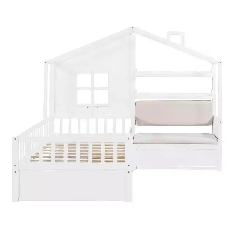Lit plateforme Luxystar Twin House avec canapé, 2 tiroirs et étagères de rangement
