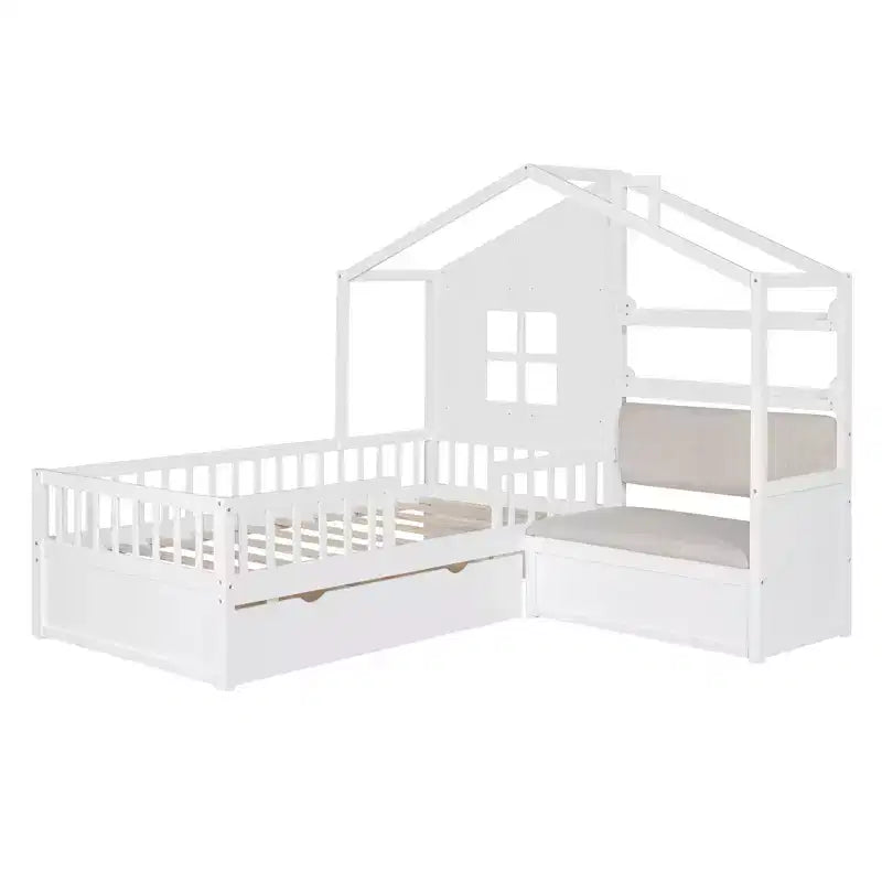 Lit plateforme Luxystar Twin House avec canapé, 2 tiroirs et étagères de rangement