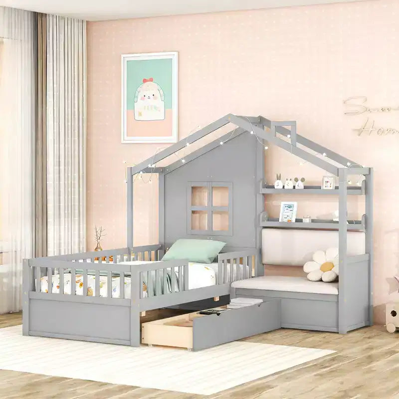 Luxystar Twin House Platform Bed with Sofa, 2 Drawers and Storage Shelves