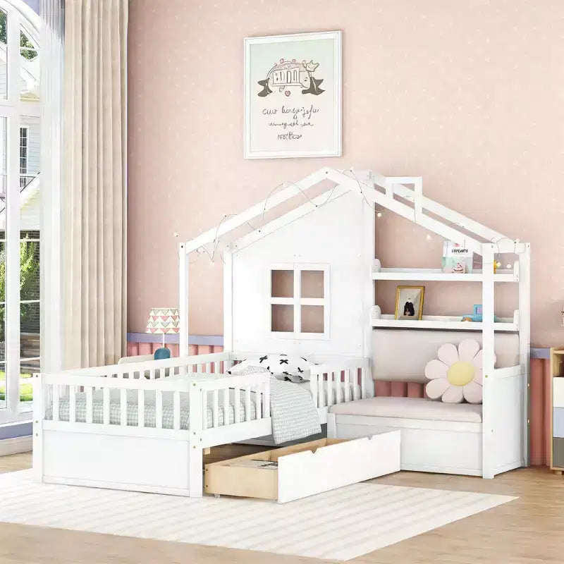 Lit plateforme Luxystar Twin House avec canapé, 2 tiroirs et étagères de rangement