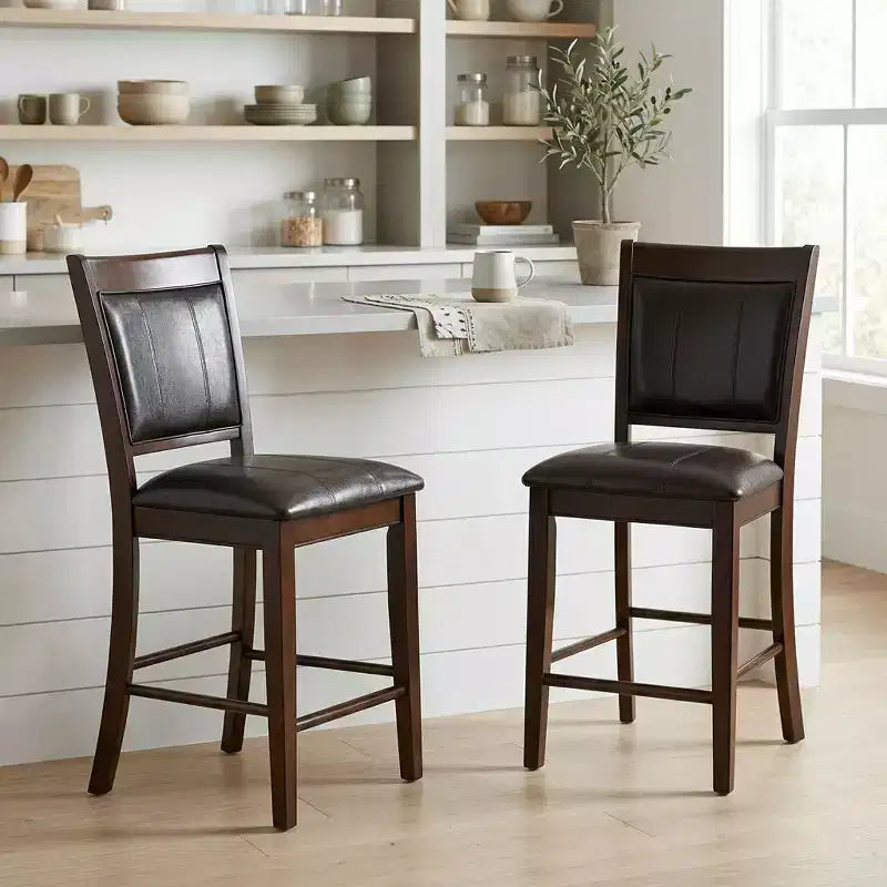 GDFStudio Grayson Farmhouse 25 Wood and Faux Leather Upholstered Counter Height Bar Stool with Footrest