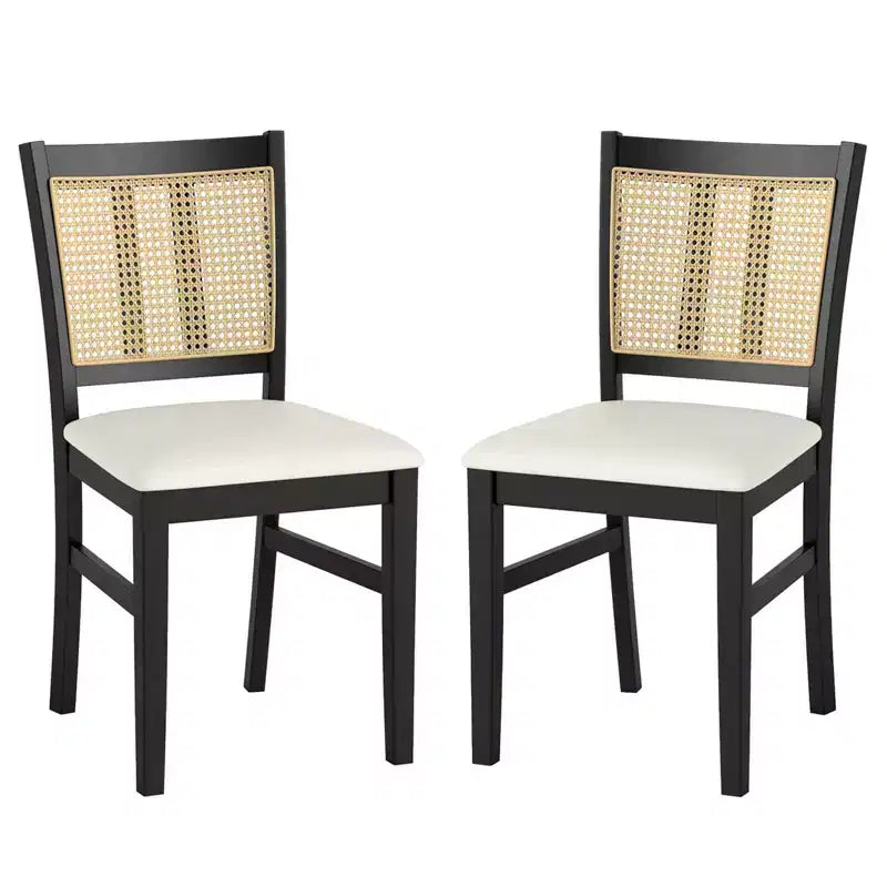 Costway Farmhouse Rattan Dining Chair Set of 2/4 Fabric Upholstered Kitchen Chairs