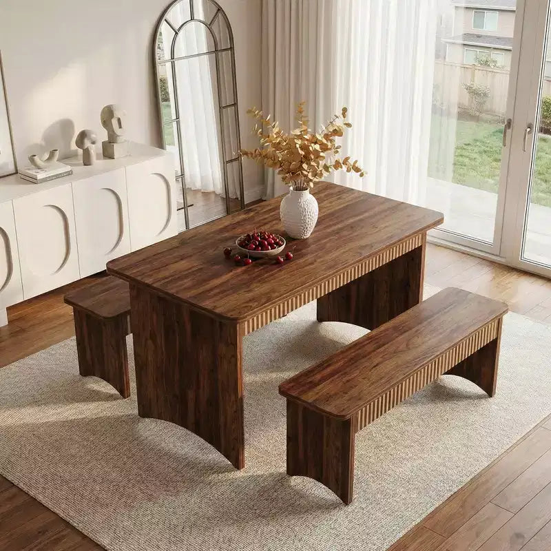 MAYEERTY 3-Piece Wooden Dining Set, Farmhouse Kitchen Table with 2 Space-Saving Benches