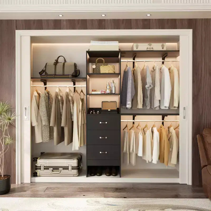 Système de placard Besiost avec 3 tringles, 3 tiroirs et 3 tours d'étagères, organisateur de dressing de 1,5 à 2,4 m