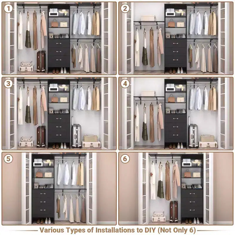 Système de placard Besiost avec 3 tringles, 3 tiroirs et 3 tours d'étagères, organisateur de dressing de 1,5 à 2,4 m