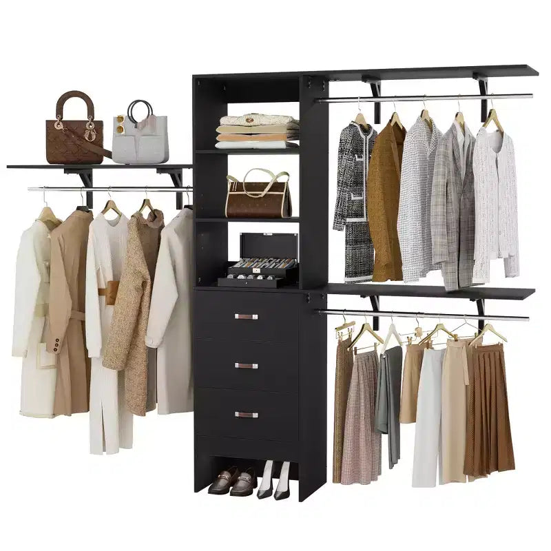 Système de placard Besiost avec 3 tringles, 3 tiroirs et 3 tours d'étagères, organisateur de dressing de 1,5 à 2,4 m