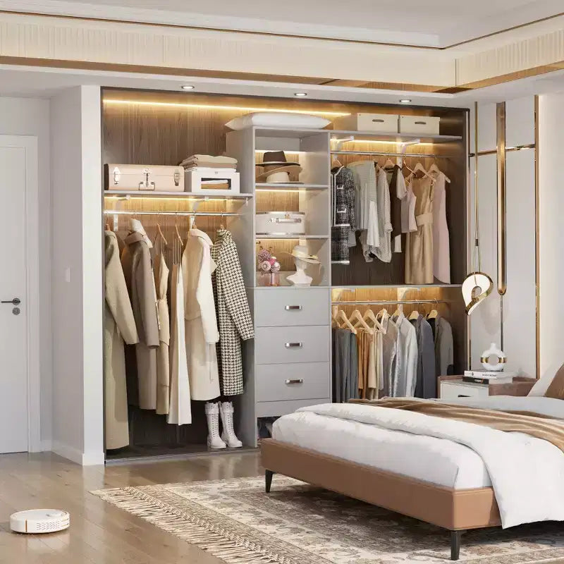 Système de placard Besiost avec 3 tringles, 3 tiroirs et 3 tours d'étagères, organisateur de dressing de 1,5 à 2,4 m