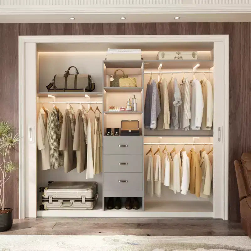 Système de placard Besiost avec 3 tringles, 3 tiroirs et 3 tours d'étagères, organisateur de dressing de 1,5 à 2,4 m