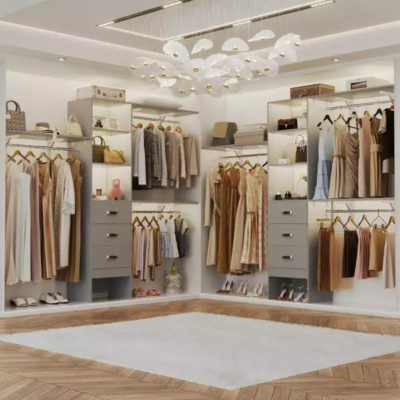 Système de placard Besiost avec 3 tringles, 3 tiroirs et 3 tours d'étagères, organisateur de dressing de 1,5 à 2,4 m