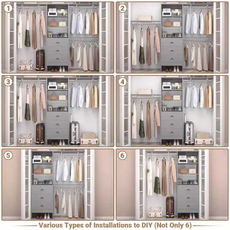 Système de placard Besiost avec 3 tringles, 3 tiroirs et 3 tours d'étagères, organisateur de dressing de 1,5 à 2,4 m