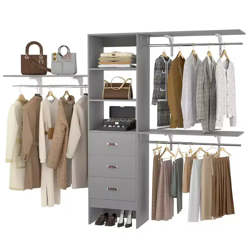 Système de placard Besiost avec 3 tringles, 3 tiroirs et 3 tours d'étagères, organisateur de dressing de 1,5 à 2,4 m