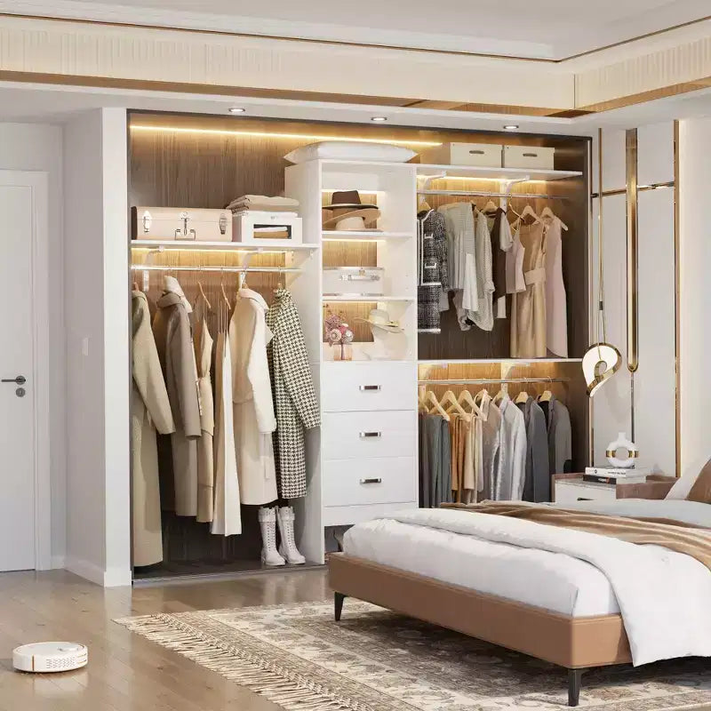 Système de placard Besiost avec 3 tringles, 3 tiroirs et 3 tours d'étagères, organisateur de dressing de 1,5 à 2,4 m