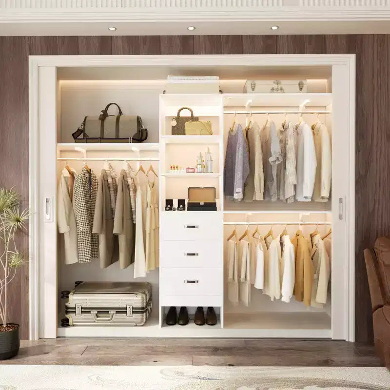Système de placard Besiost avec 3 tringles, 3 tiroirs et 3 tours d'étagères, organisateur de dressing de 1,5 à 2,4 m
