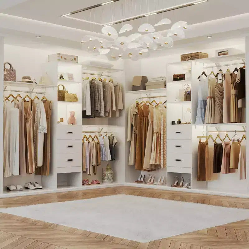 Système de placard Besiost avec 3 tringles, 3 tiroirs et 3 tours d'étagères, organisateur de dressing de 1,5 à 2,4 m