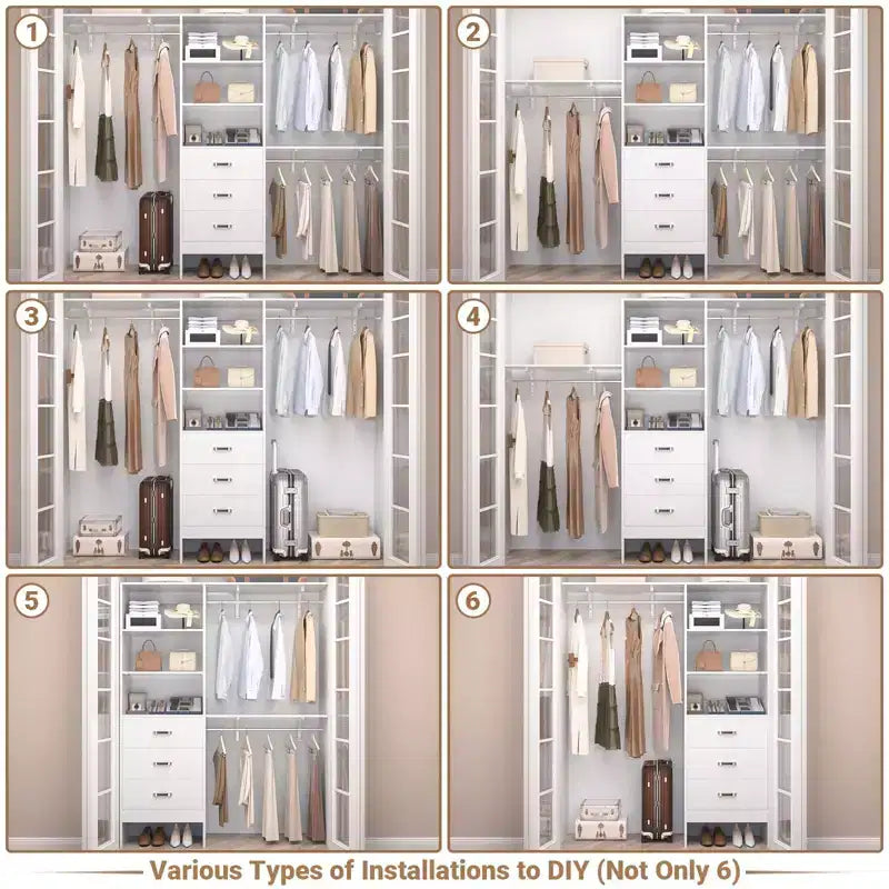 Système de placard Besiost avec 3 tringles, 3 tiroirs et 3 tours d'étagères, organisateur de dressing de 1,5 à 2,4 m