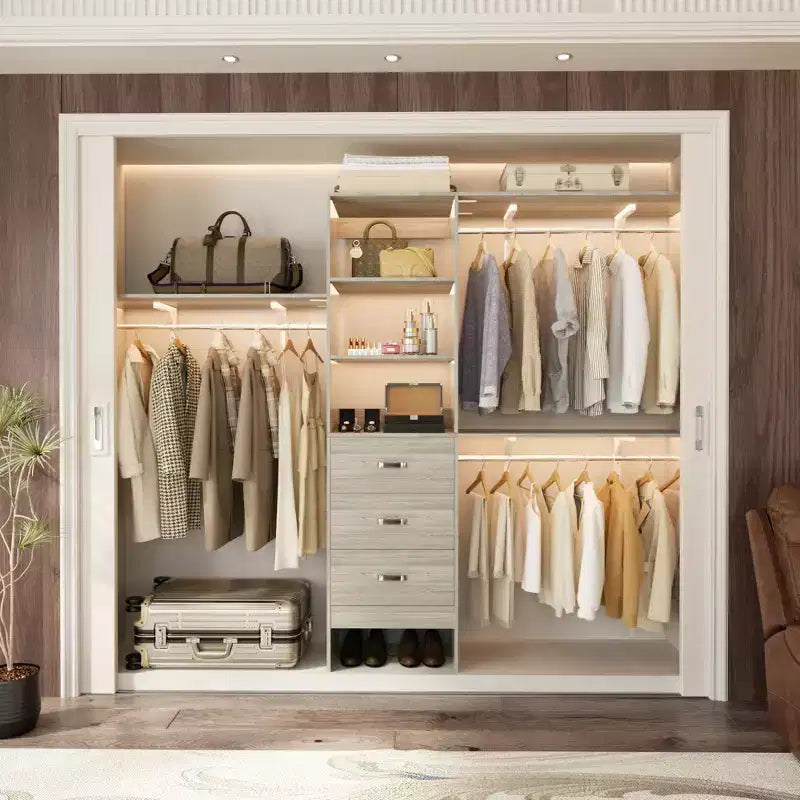 Système de placard Besiost avec 3 tringles, 3 tiroirs et 3 tours d'étagères, organisateur de dressing de 1,5 à 2,4 m
