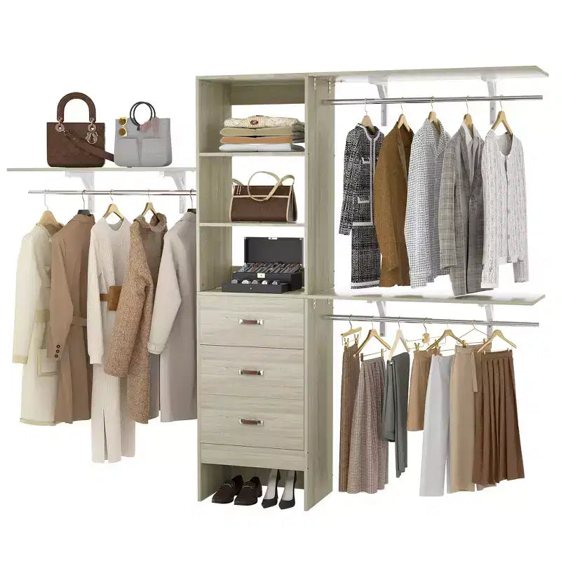 Système de placard Besiost avec 3 tringles, 3 tiroirs et 3 tours d'étagères, organisateur de dressing de 1,5 à 2,4 m
