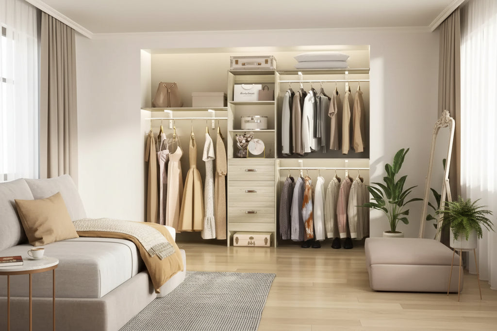 Besiost Closet System with 3 Hanging Rods, 3 Drawers and 3 Shelving Tower, 5-8FT Walk-in Closet Organizer