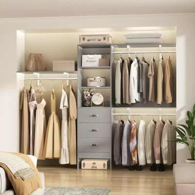 Système de placard Besiost avec 3 tringles, 3 tiroirs et 3 tours d'étagères, organisateur de dressing de 1,5 à 2,4 m