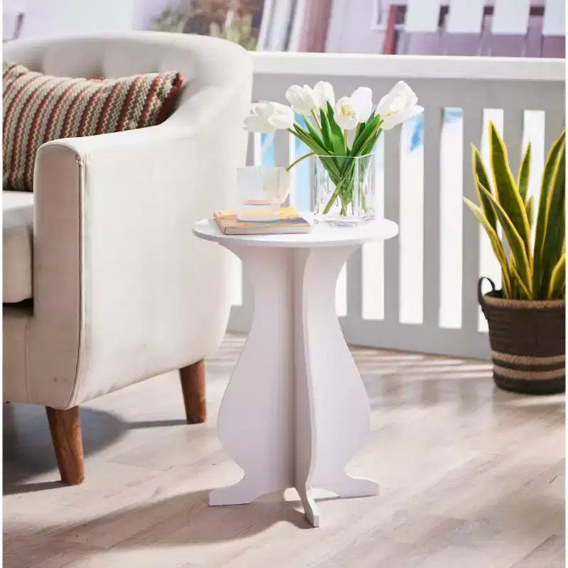 Kings Brand Furniture Carver Accent Side Table  Round White Pedestal Stand, Decorative End Table, Living Room Plant Display