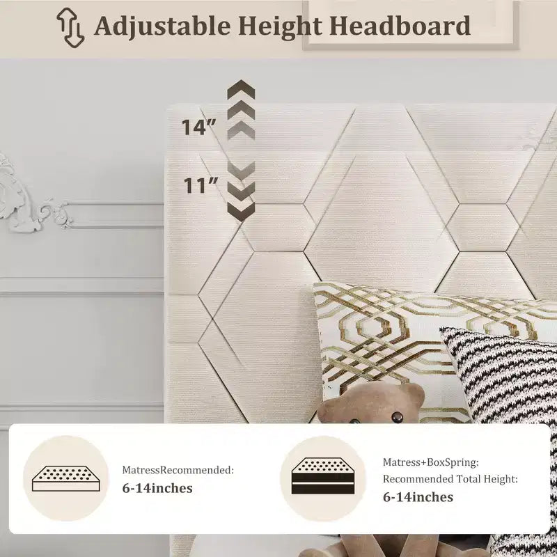 Cadre de lit plateforme rembourré avec tête de lit en tissu réglable Lattes en bois robustes, sans bruit, assemblage facile, aucun sommier tapissier requis